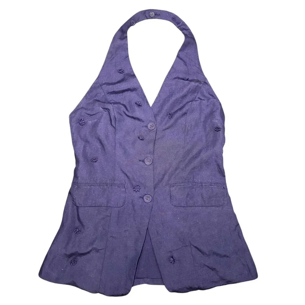 Maeve Linen Blend Halter Vest Size Small Navy Blue Anthropologie Linen Summer - Picture 3 of 15
